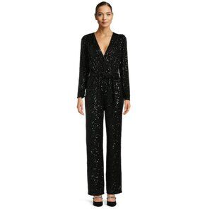 NEW! BCBG Paris All Over Sequin Formal Jumpsuit Long Sleeve Black SZ XL
